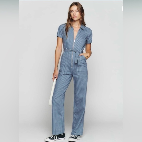 Reformation Pants - Reformation Cassidy Denim Jean Striped Zip Jumpsuit